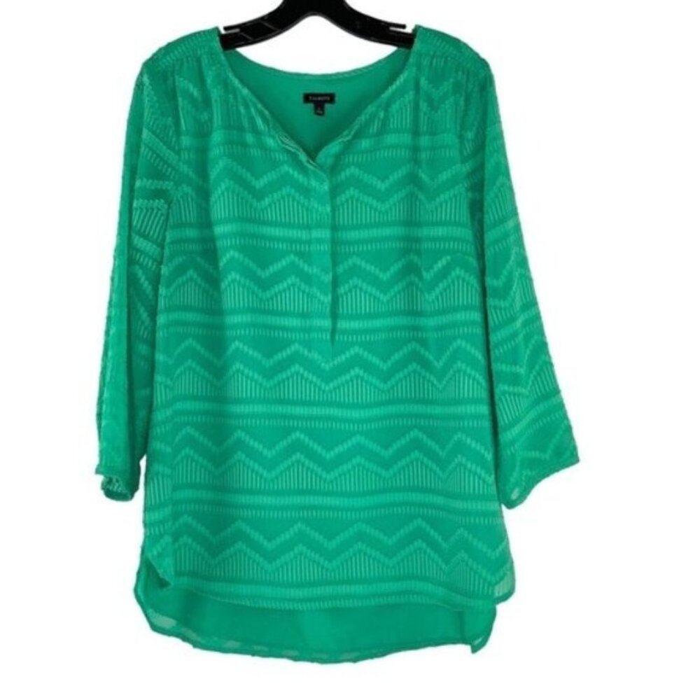 Talbots Kelly Green Henley Popover Textured Chevron Blouse